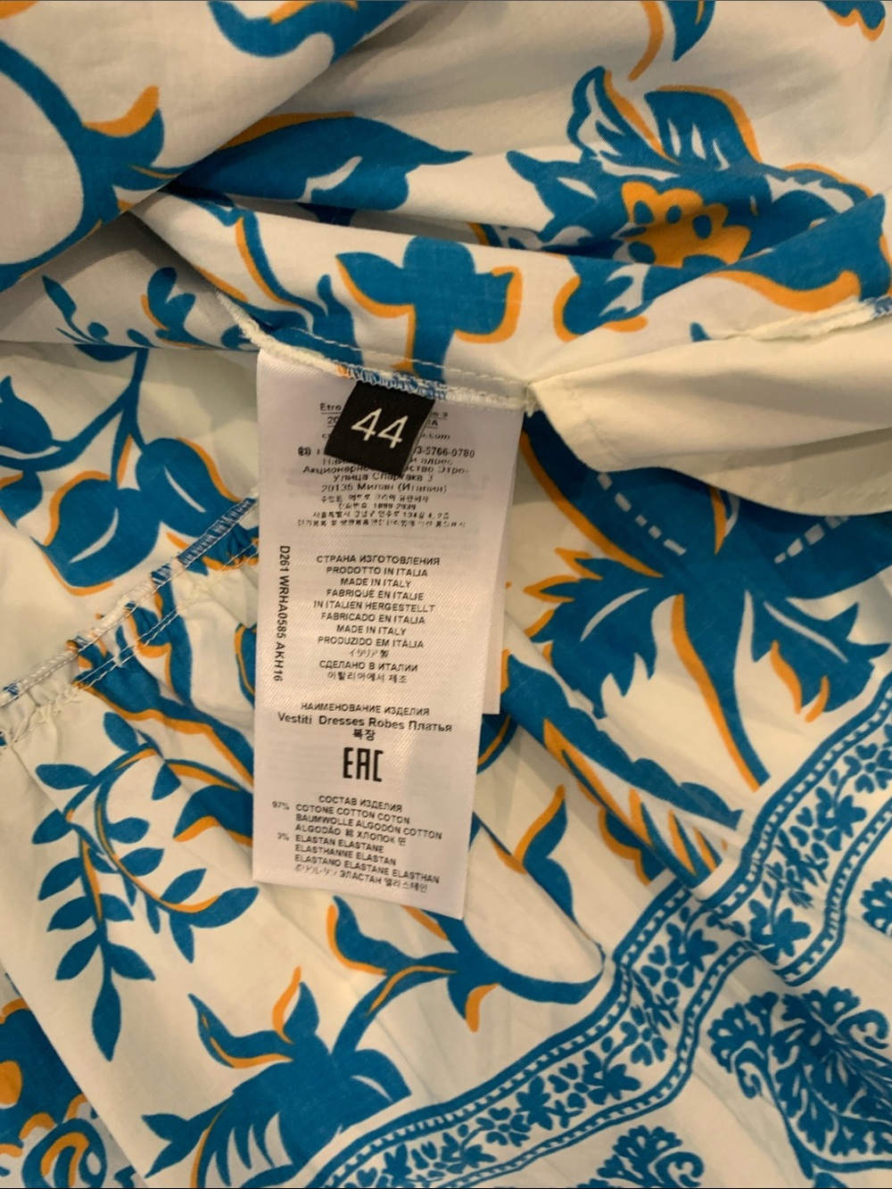 Etro Blue and White Floral Print Dress with orange accents. Worn once. Size 44 - Picture 10 of 10